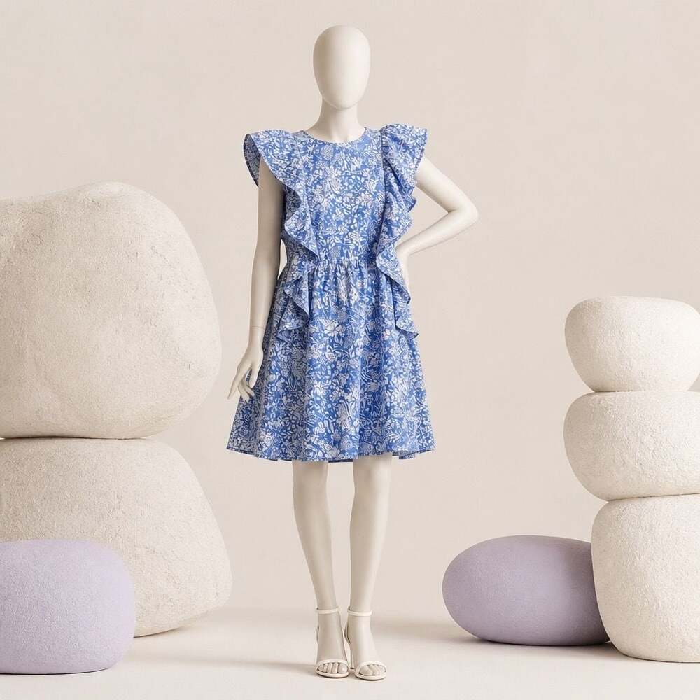 Pinch Blue and White Floral Print Ruffle Mini Dress #875